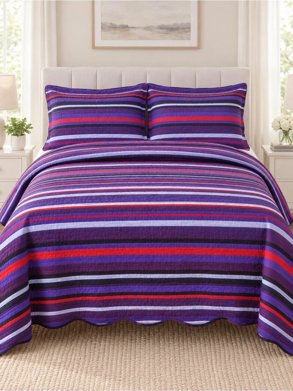 Navy blue stripes Twin size quilt set